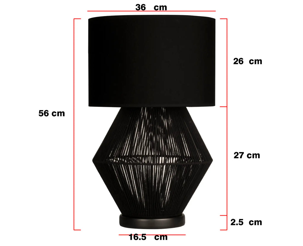 Luna Noir Abajur – Siyah Tel Gövdeli, Siyah Kumaş Şapkalı (51 cm)
