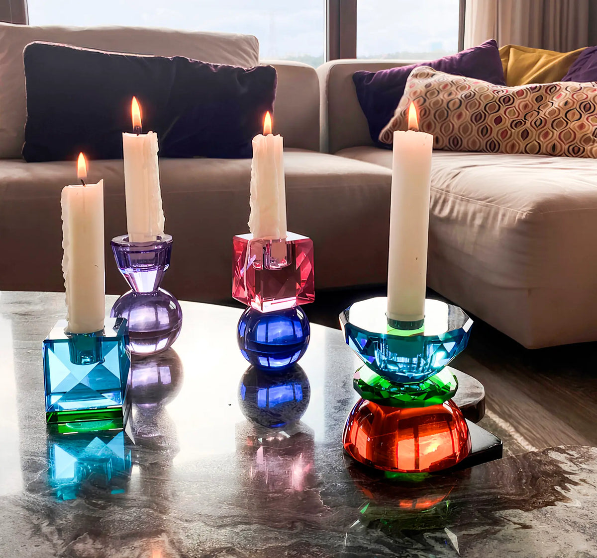 Mavi/ Yeşil SPARKLE Zar Formu Cam Şamdan – Modern ve Şık Dekor Seçeneği